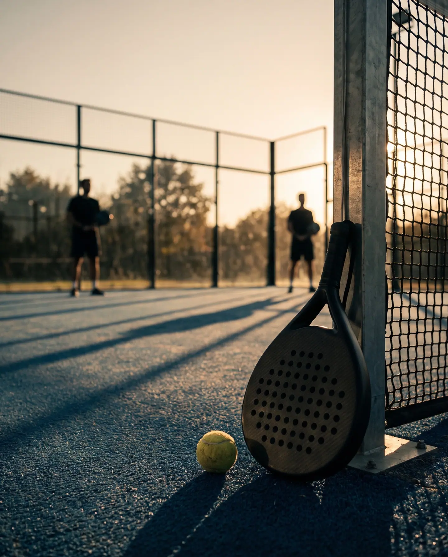 KI-generiert: Padelschläger lehnt bei Abendsonne am Netzpfosten eines Außencourts