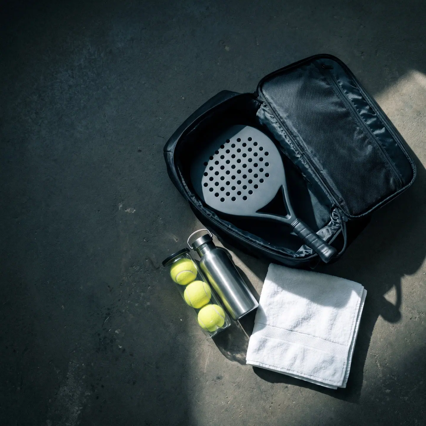 KI-generiert: Padelschläger halb in einer offenen Schlägertasche, von oben fotografiert
