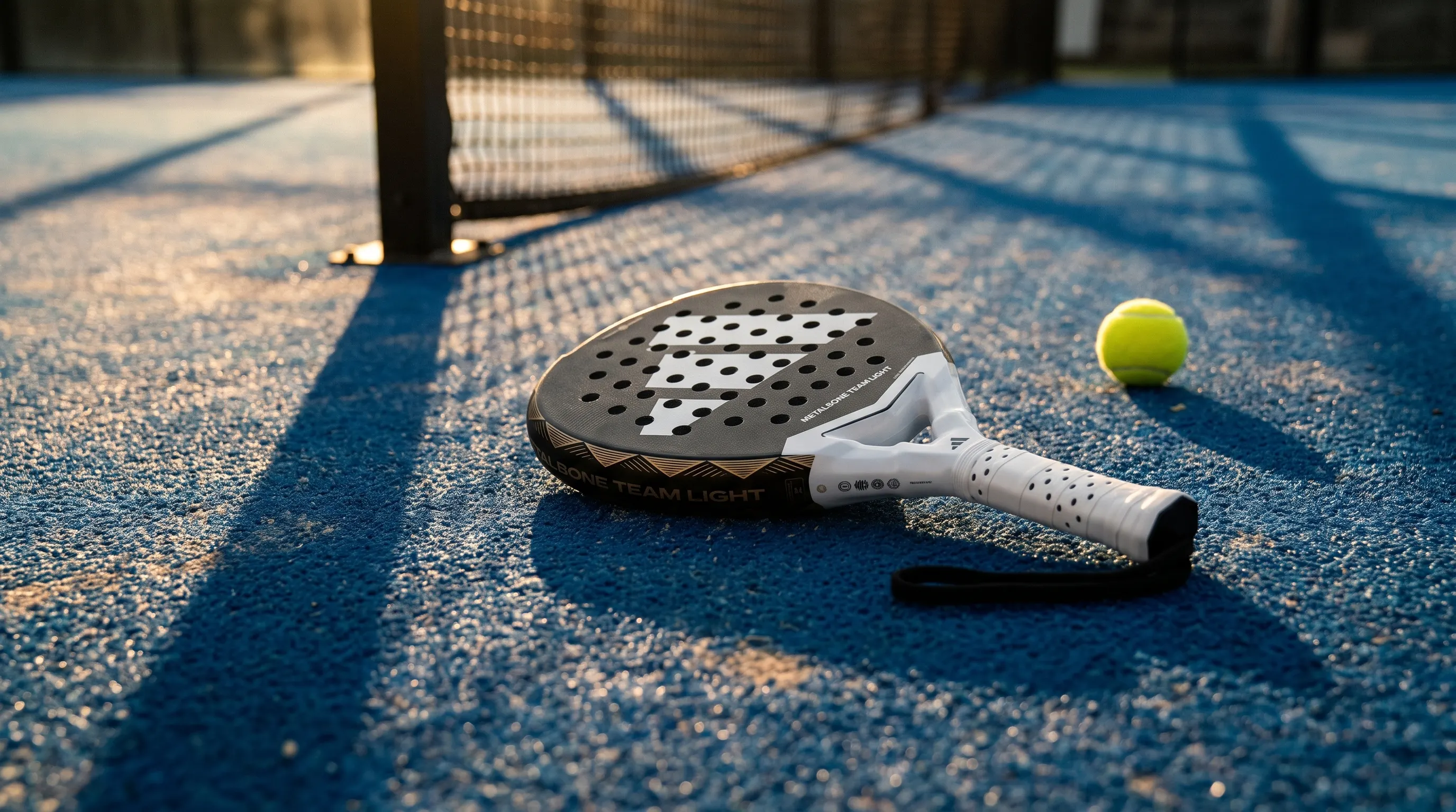 KI-generiert: Der Adidas Metalbone Team Light 3.4 liegt bei tiefstehender Abendsonne auf einem Outdoor-Padelcourt, im Hintergrund der Netzschatten