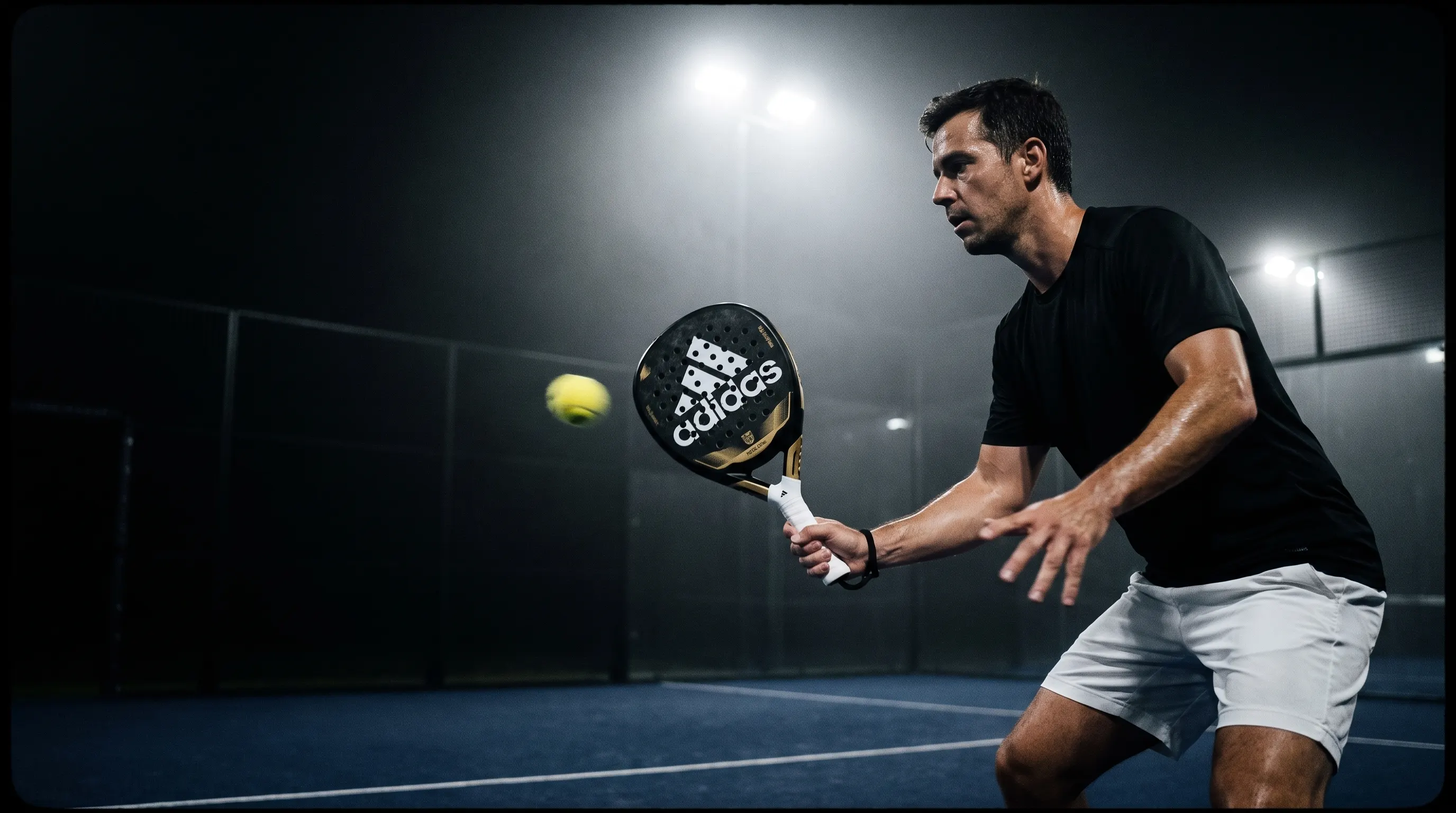 KI-generiert: Nachtmatch unter Flutlicht, Spieler in Bereitschaft mit dem Adidas Metalbone Team Light 3.4