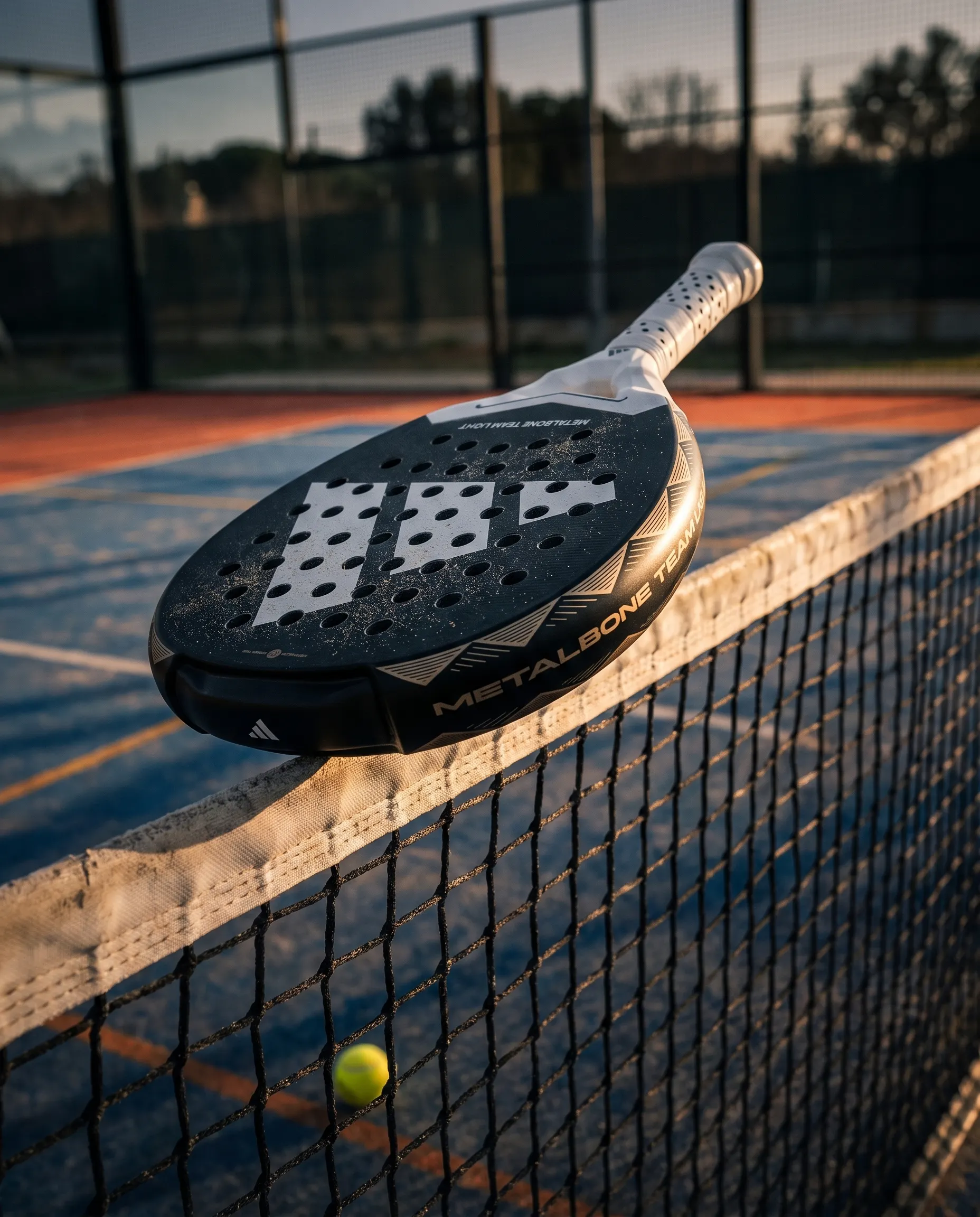 KI-generiert: Der Adidas Metalbone Team Light 3.4 liegt auf der Netzkante eines Padelcourts