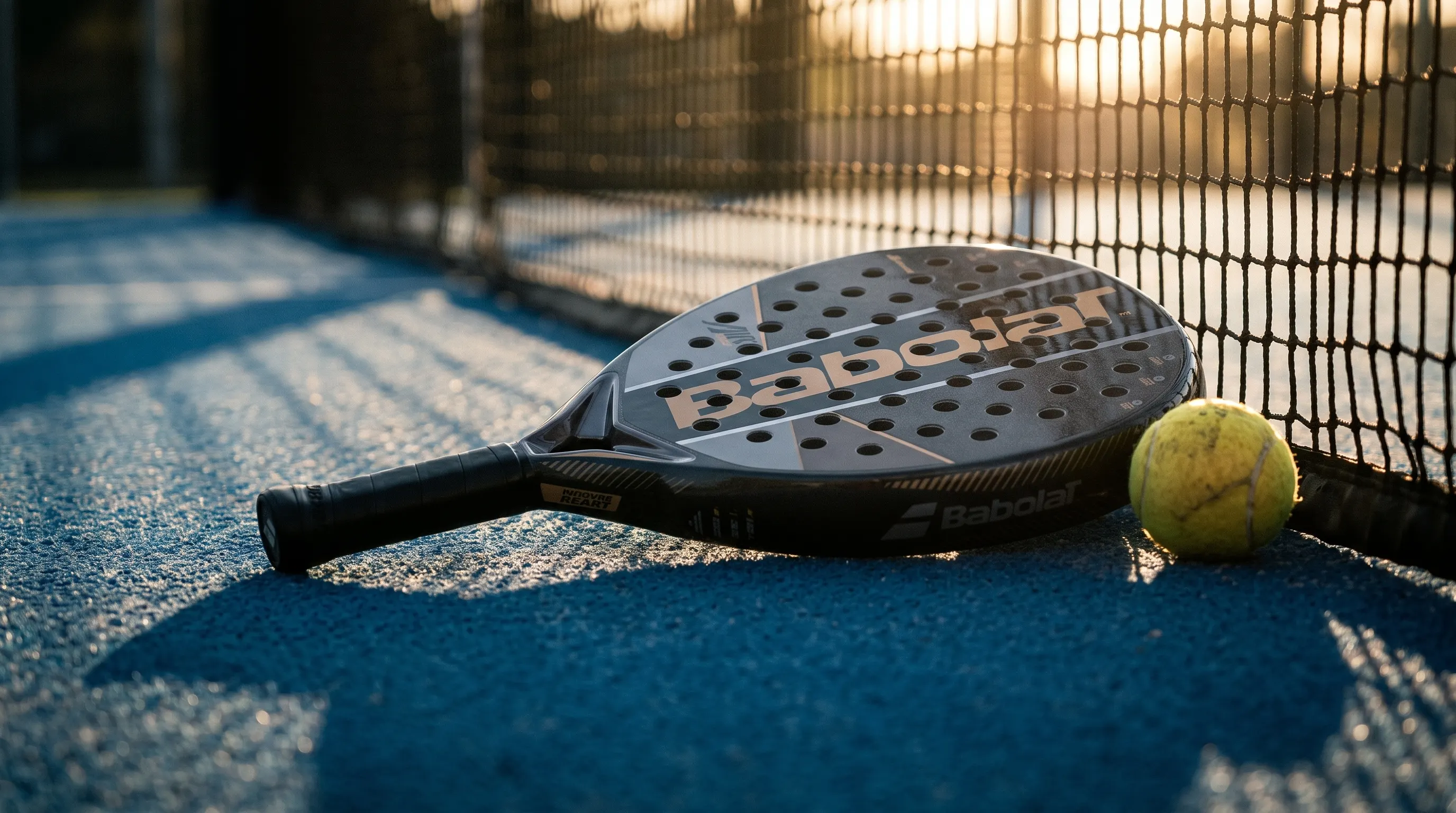 KI-generiert: Der Babolar Air Crest liegt bei tiefstehender Abendsonne auf einem Outdoor-Padelcourt, im Hintergrund der Netzschatten