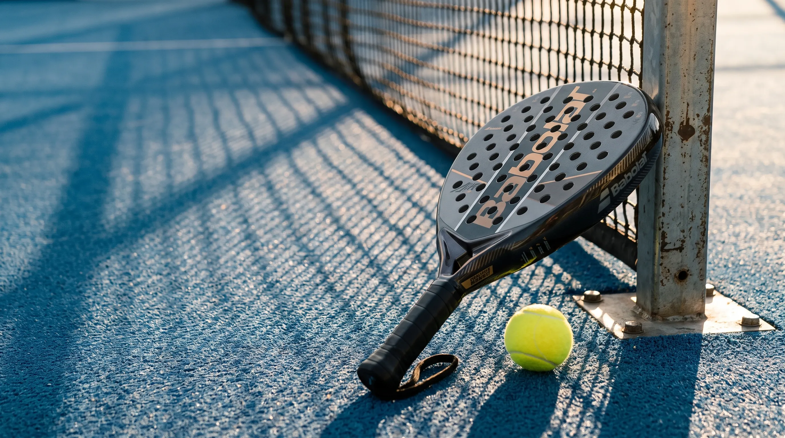KI-generiert: Der Babolar Air Crest liegt bei tiefstehender Abendsonne auf einem Outdoor-Padelcourt, im Hintergrund der Netzschatten